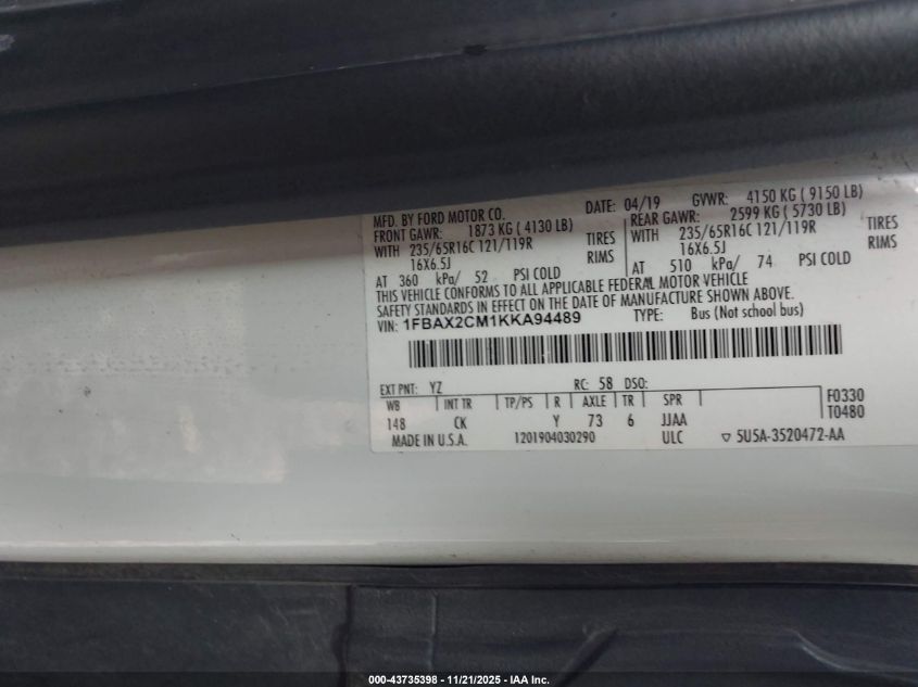 2019 Ford Transit-350 Xlt VIN: 1FBAX2CM1KKA94489 Lot: 43735398