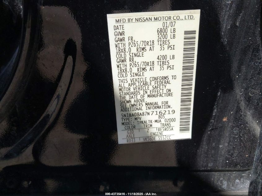 2007 Nissan Armada Se VIN: 5N1BA08A87N716219 Lot: 43735416