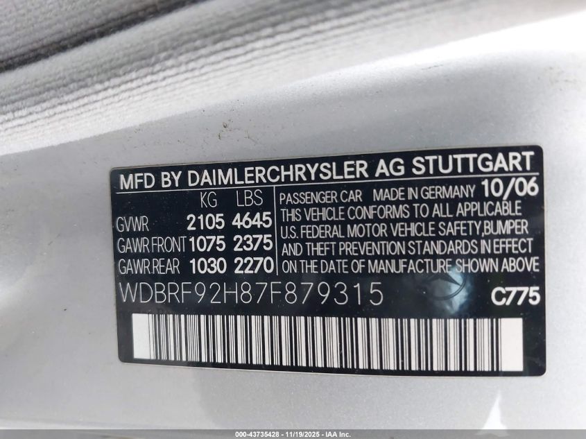 2007 Mercedes-Benz C 280 Luxury 4Matic VIN: WDBRF92H87F879315 Lot: 43735428