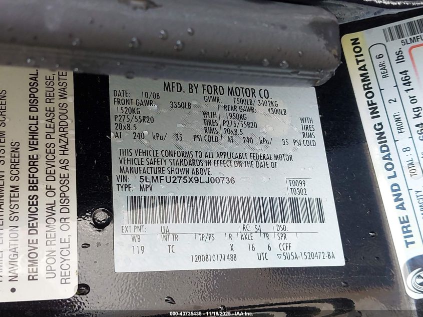 2009 Lincoln Navigator VIN: 5LMFU275X9LJ00736 Lot: 43735435