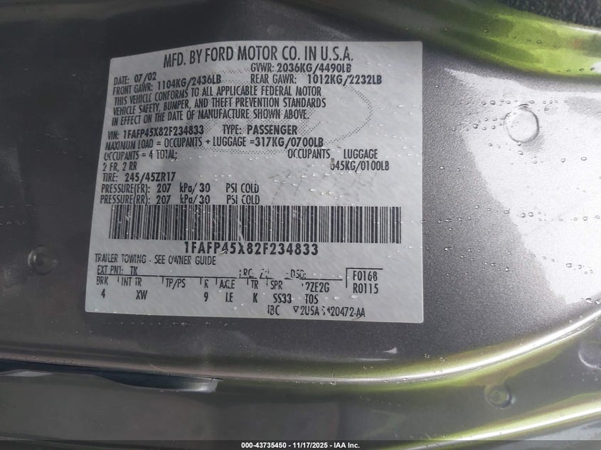 2002 Ford Mustang Gt VIN: 1FAFP45X82F234833 Lot: 43735450