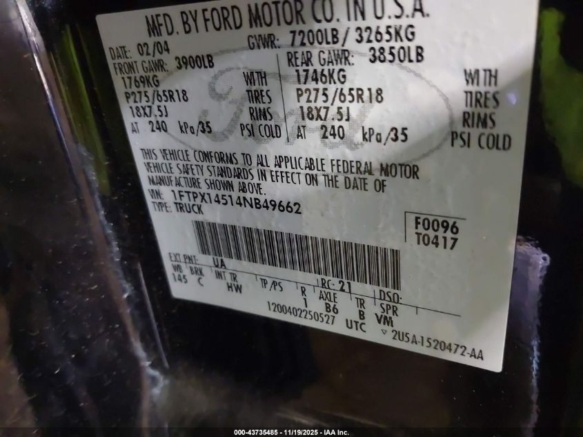2004 Ford F-150 Fx4/Lariat/Xl/Xlt VIN: 1FTPX14514NB49662 Lot: 43735485
