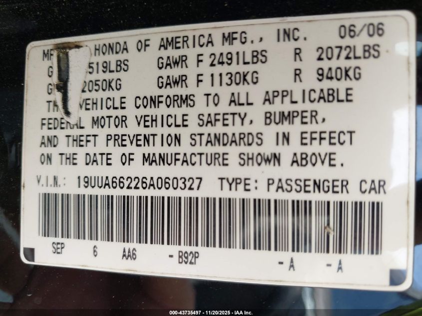 2006 Acura Tl VIN: 19UUA66226A060327 Lot: 43735497