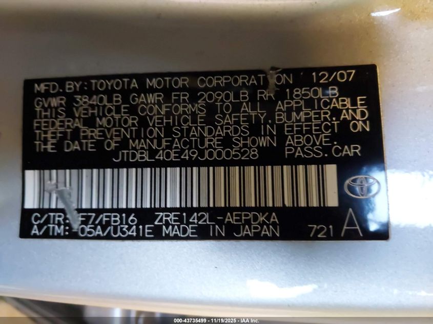 2009 Toyota Corolla Le VIN: JTDBL40E49J000528 Lot: 43735499