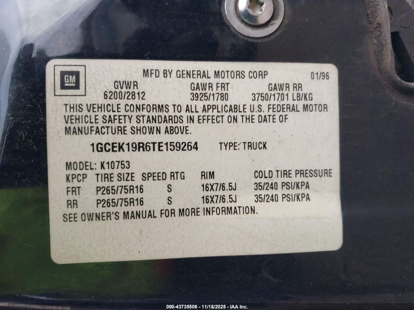 1996 Chevrolet Gmt-400 K1500 VIN: 1GCEK19R6TE159264 Lot: 43735506