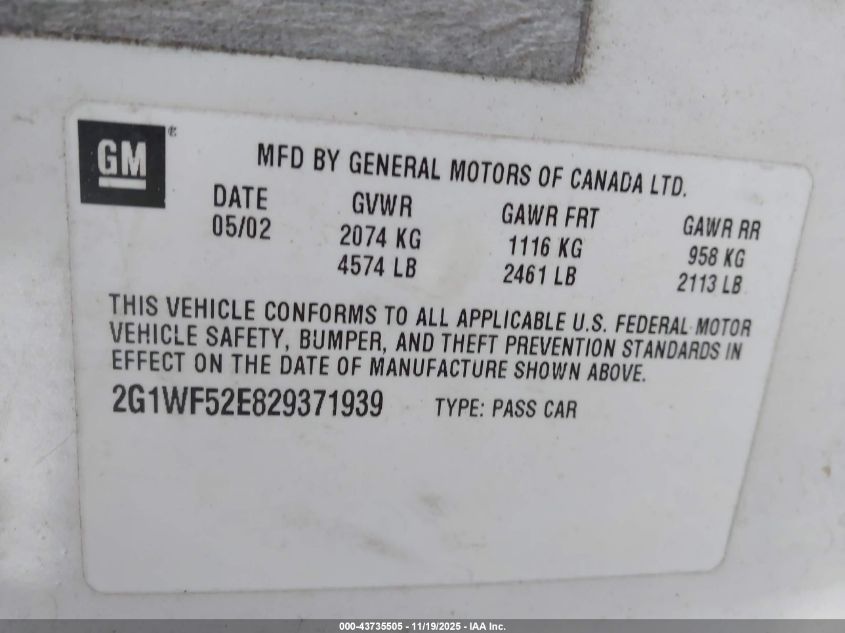 2002 Chevrolet Impala VIN: 2G1WF52E829371939 Lot: 43735505