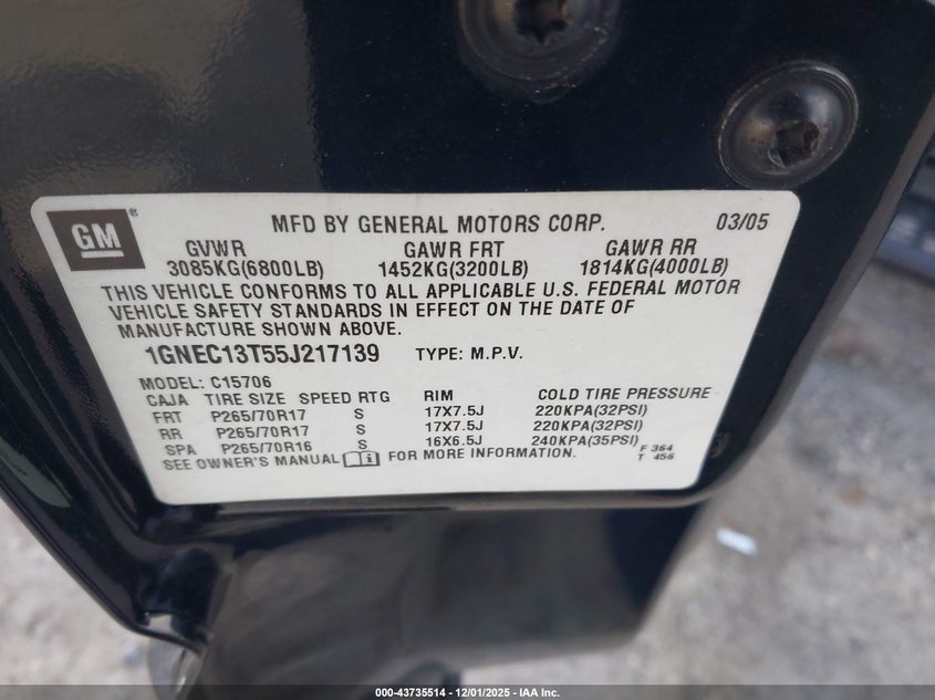 1GNEC13T55J217139 2005 CHEVROLET TAHOE photo no. 9