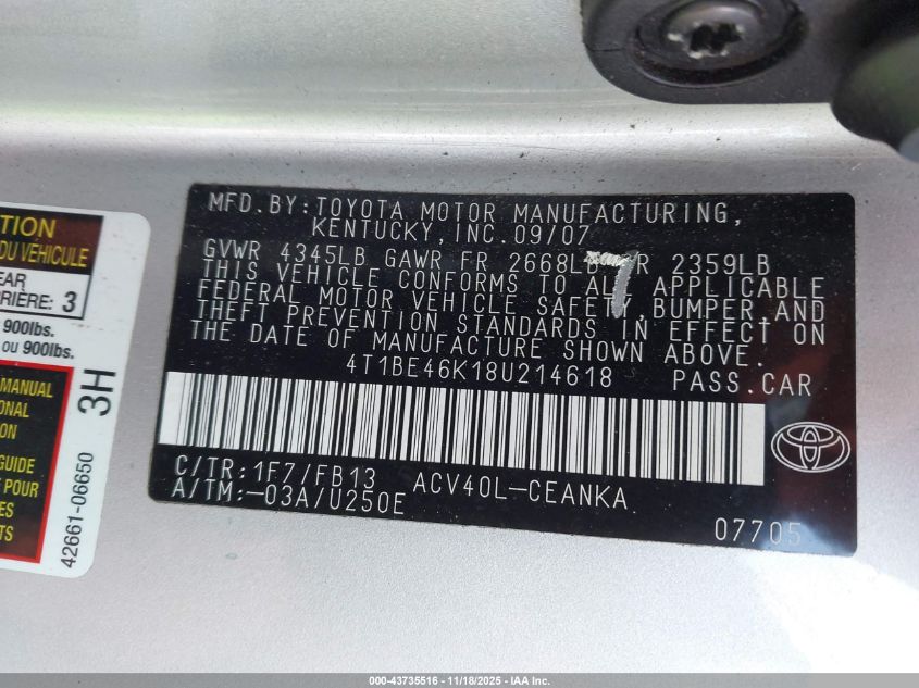 2008 Toyota Camry Le VIN: 4T1BE46K18U214618 Lot: 43735516