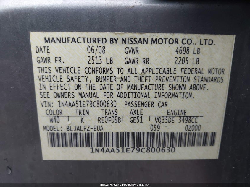 2009 Nissan Maxima 3.5 Sv VIN: 1N4AA51E79C800630 Lot: 43735523