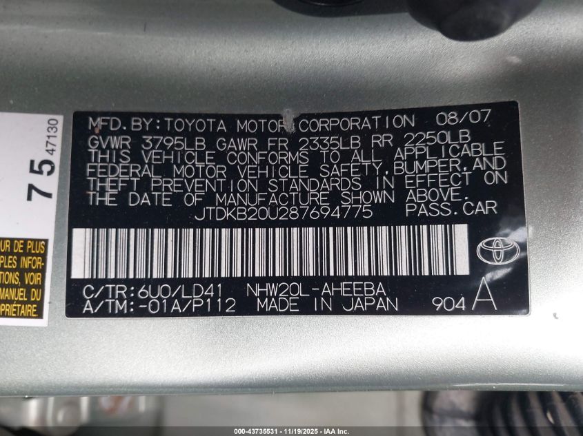 2008 Toyota Prius VIN: JTDKB20U287694775 Lot: 43735531