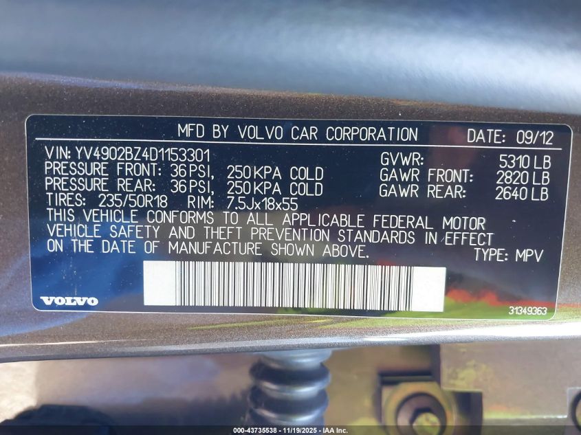 2013 Volvo Xc70 T6/T6 Platinum/T6 Premier Plus VIN: YV4902BZ4D1153301 Lot: 43735538