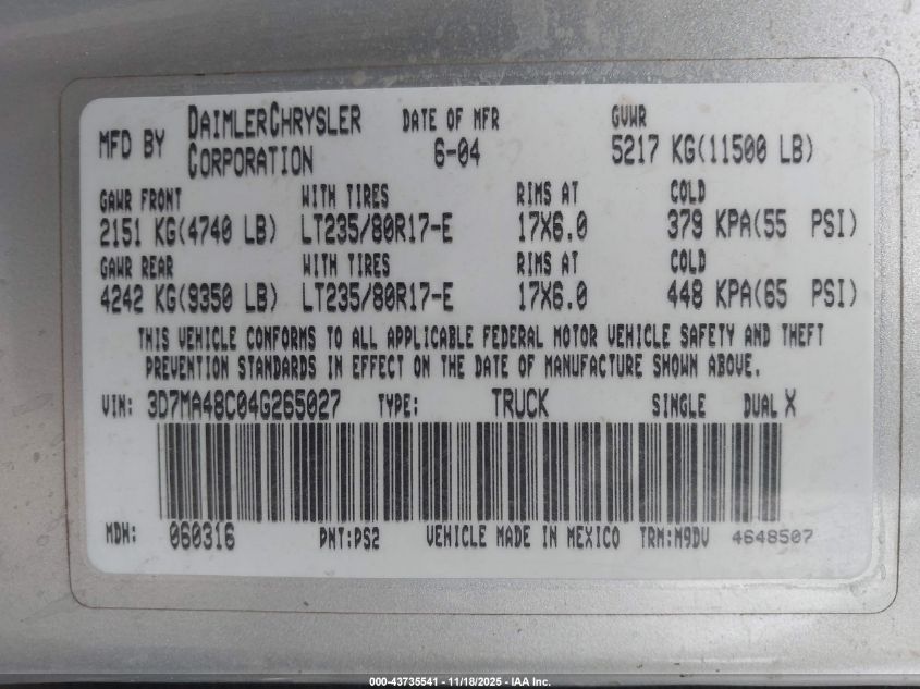 2004 Dodge Ram 3500 Slt/Laramie VIN: 3D7MA48C04G265027 Lot: 43735541