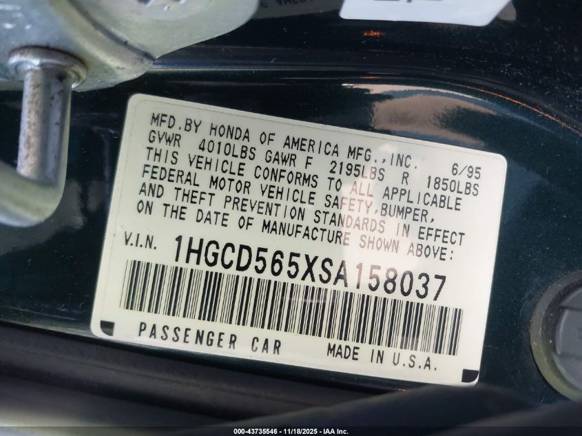 1995 Honda Accord Ex VIN: 1HGCD565XSA158037 Lot: 43735546