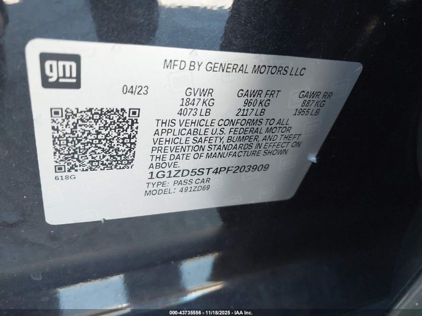 2023 Chevrolet Malibu Fwd 1Lt VIN: 1G1ZD5ST4PF203909 Lot: 43735556