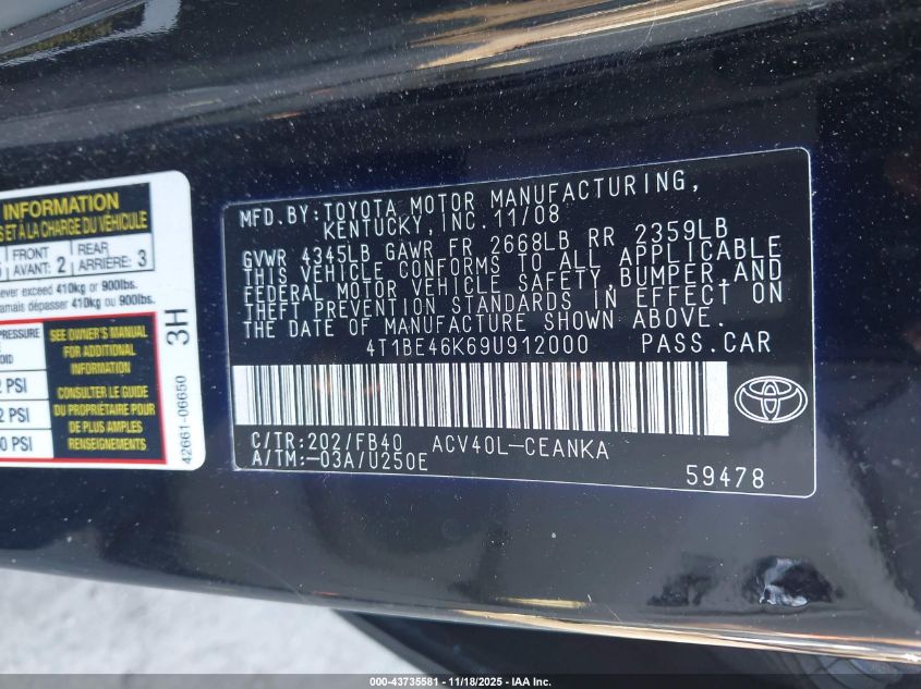 2009 Toyota Camry Le VIN: 4T1BE46K69U912000 Lot: 43735581