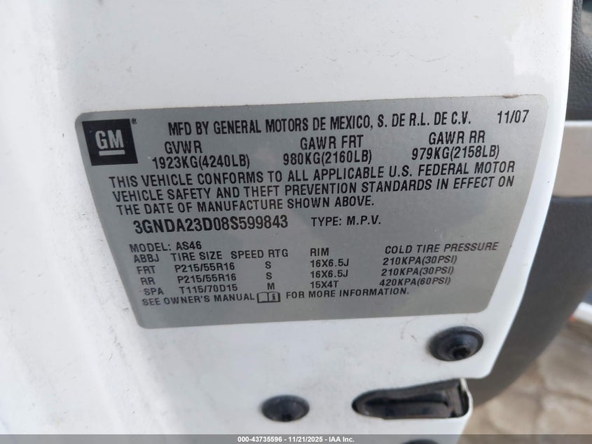 2008 Chevrolet Hhr VIN: 3GNDA23D08S599843 Lot: 43735596