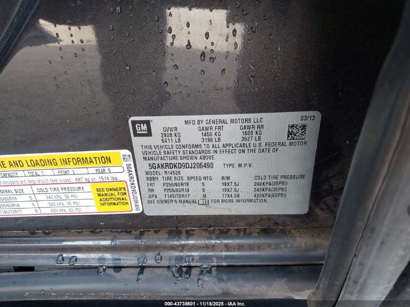 2013 Buick Enclave Premium VIN: 5GAKRDKD9DJ206490 Lot: 43735601