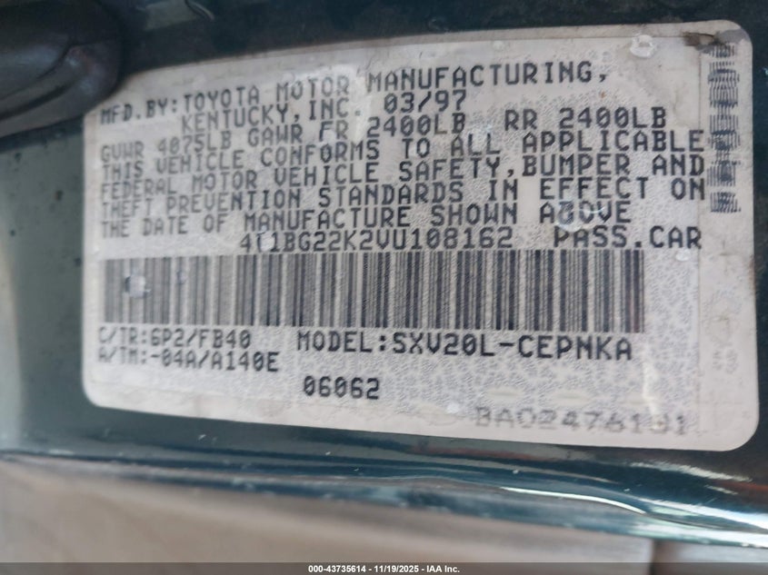 4T1BG22K2VU108162 1997 TOYOTA CAMRY photo no. 9