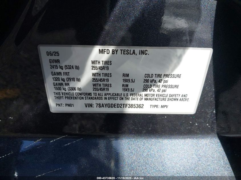 2026 Tesla Model Y Long Range Dual Motor All-Wheel Drive VIN: 7SAYGDED2TF385362 Lot: 43735635