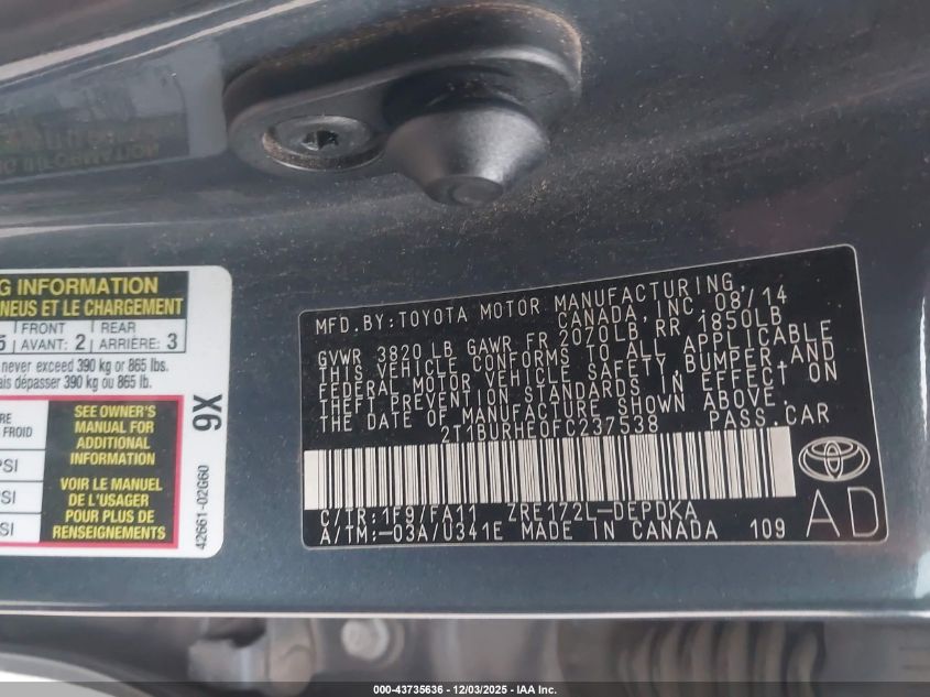 2015 Toyota Corolla L VIN: 2T1BURHE0FC237538 Lot: 43735636