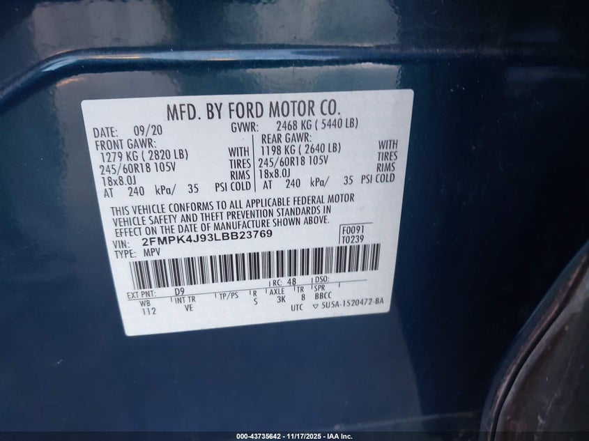 2FMPK4J93LBB23769 2020 FORD EDGE photo no. 9