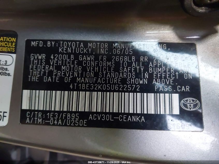 2005 Toyota Camry Le VIN: 4T1BE32K05U622572 Lot: 43735671