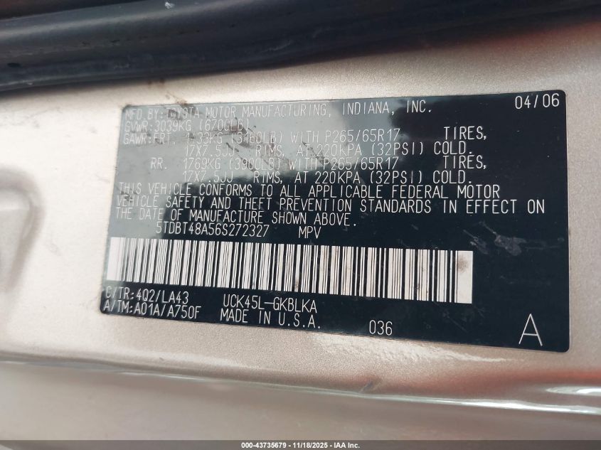 2006 Toyota Sequoia Limited V8 VIN: 5TDBT48A56S272327 Lot: 43735679