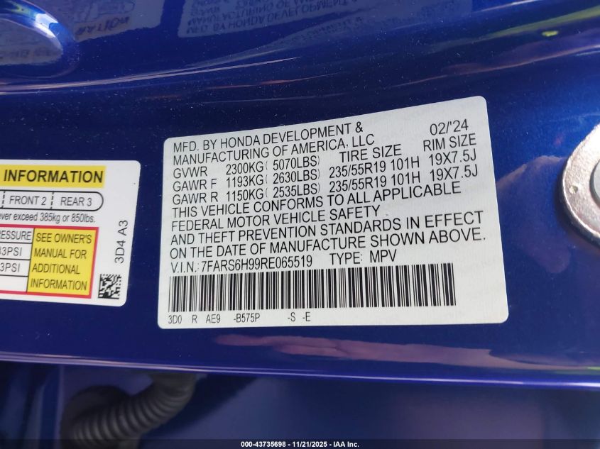2024 Honda Cr-V Hybrid Sport Touring VIN: 7FARS6H99RE065519 Lot: 43735698