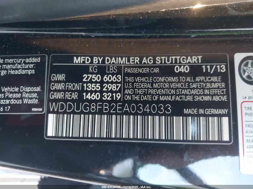 2014 Mercedes-Benz S 550 4Matic VIN: WDDUG8FB2EA034033 Lot: 43735705