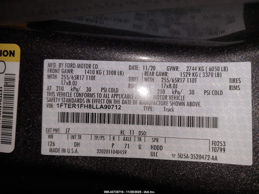 2020 Ford Ranger Lariat VIN: 1FTER1FH8LLA90712 Lot: 43735710