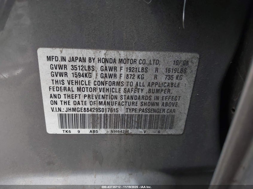 2009 Honda Fit Sport VIN: JHMGE88429S017615 Lot: 43735712