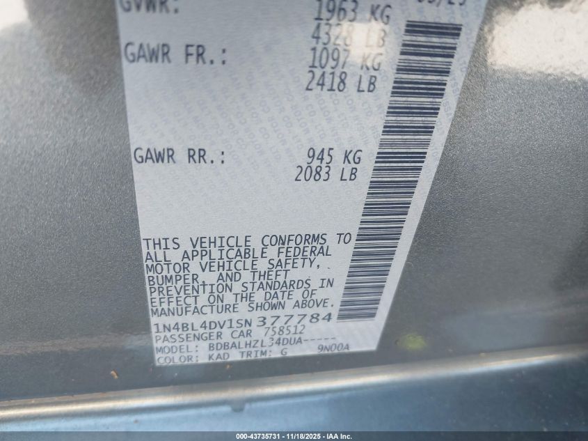 2025 Nissan Altima Sv Fwd VIN: 1N4BL4DV1SN377784 Lot: 43735731