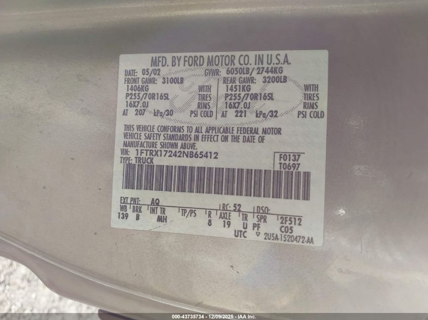 2002 Ford F-150 Xl/Xlt VIN: 1FTRX17242NB65412 Lot: 43735734