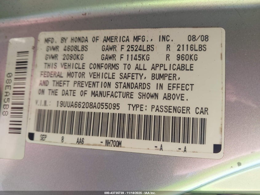 2008 Acura Tl 3.2 VIN: 19UUA66208A055095 Lot: 43735739