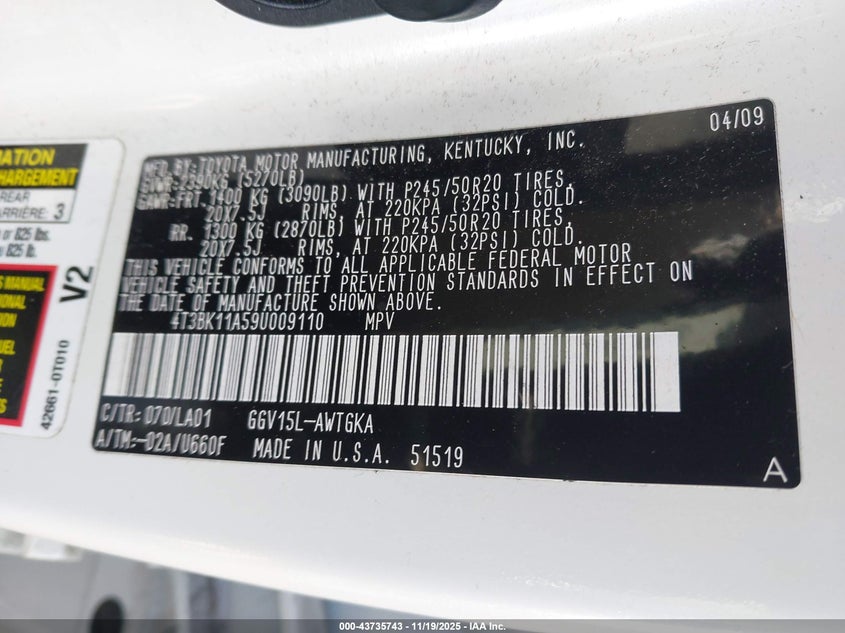 2009 Toyota Venza Base V6 VIN: 4T3BK11A59U009110 Lot: 43735743