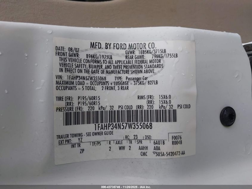 2007 Ford Focus S/Se/Ses VIN: 1FAHP34N57W355068 Lot: 43735746