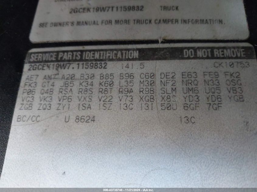 1996 Chevrolet Gmt-400 K1500 VIN: 2GCEK19W7T1159832 Lot: 43735748