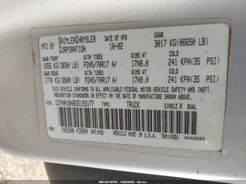 2003 Dodge Ram 1500 VIN: 1D7HA18N83S193177 Lot: 43735755