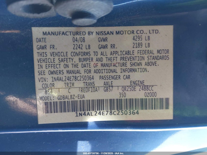 2008 Nissan Altima 2.5 S VIN: 1N4AL24E78C250364 Lot: 43735756
