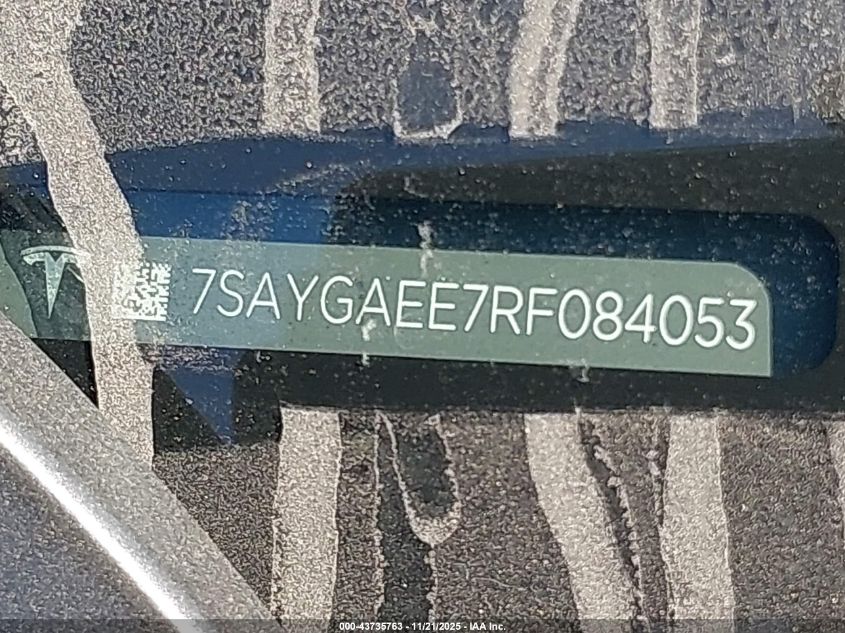 2024 Tesla Model Y Long Range Dual Motor All-Wheel Drive VIN: 7SAYGAEE7RF084053 Lot: 43735763