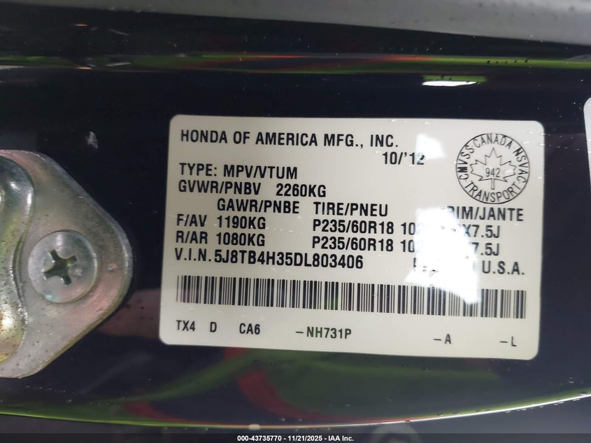 2013 Acura Rdx VIN: 5J8TB4H35DL803406 Lot: 43735770