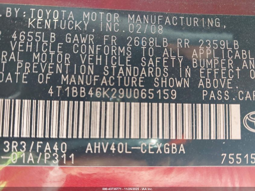 2009 Toyota Camry Hybrid VIN: 4T1BB46K29U065159 Lot: 43735771