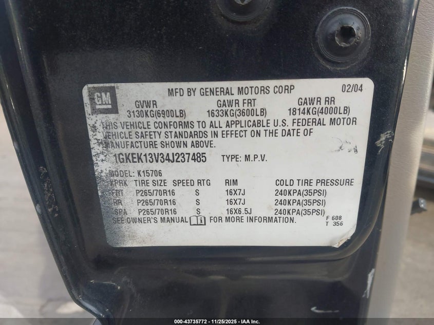 2004 GMC Yukon Sle VIN: 1GKEK13V34J237485 Lot: 43735772