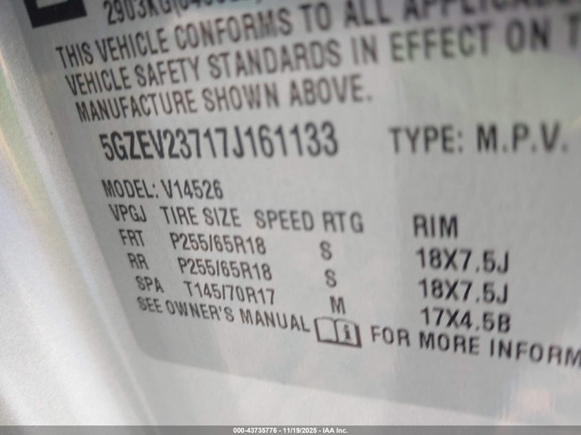 2007 Saturn Outlook Xr VIN: 5GZEV23717J161133 Lot: 43735776