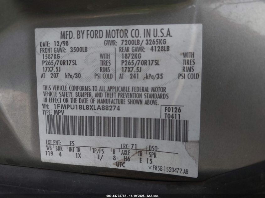 1999 Ford Expedition Eddie Bauer/Xlt VIN: 1FMPU18L8XLA88274 Lot: 43735787