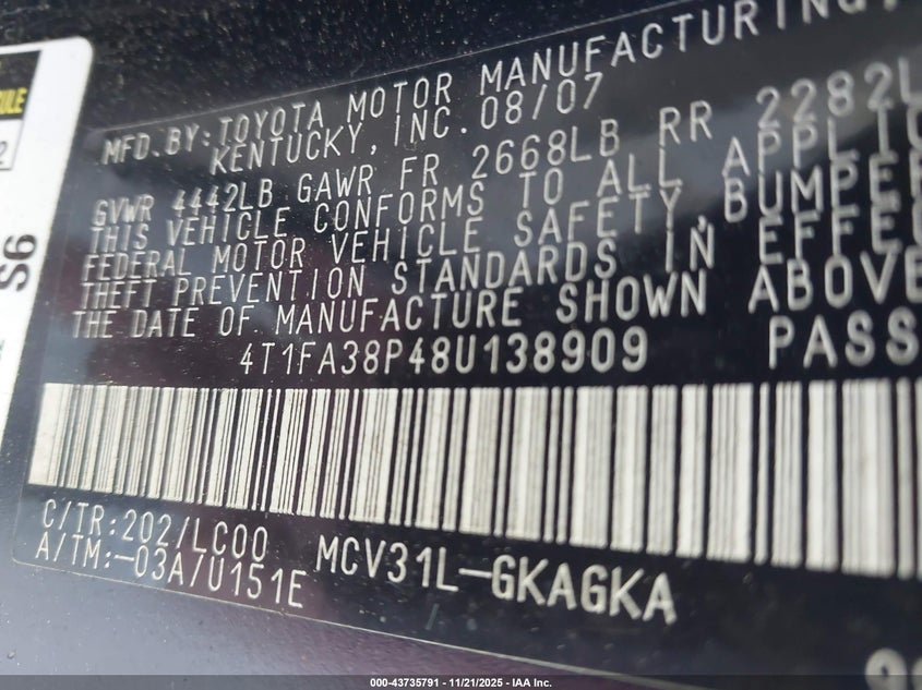 2008 Toyota Camry Solara Sle VIN: 4T1FA38P48U138909 Lot: 43735791