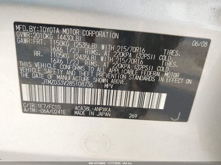 2008 Toyota Rav4 VIN: JTMZD33V285108736 Lot: 43735805