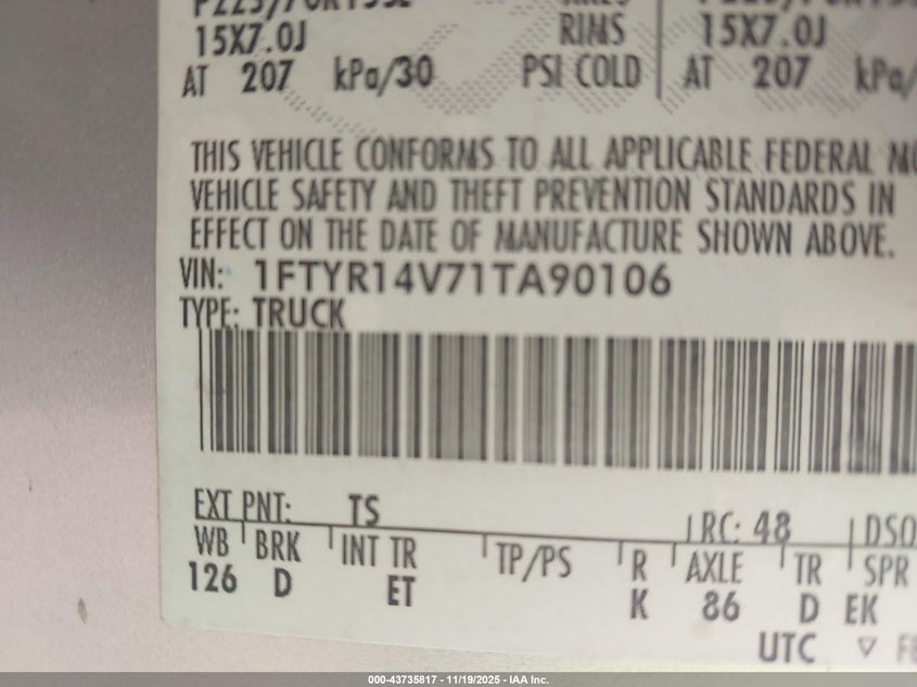 2001 Ford Ranger Edge/Xl/Xlt VIN: 1FTYR14V71TA90106 Lot: 43735817