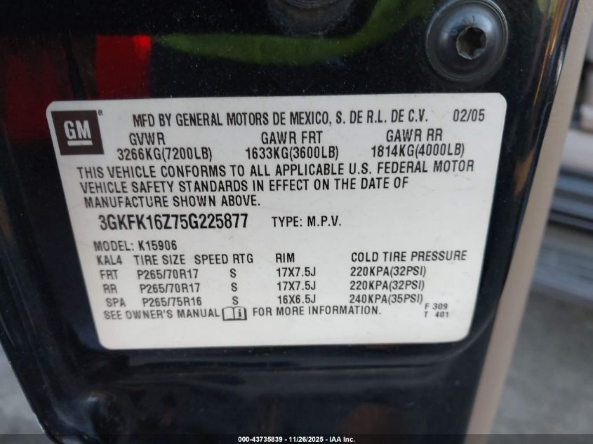 2005 GMC Yukon Xl 1500 Slt VIN: 3GKFK16Z75G225877 Lot: 43735839