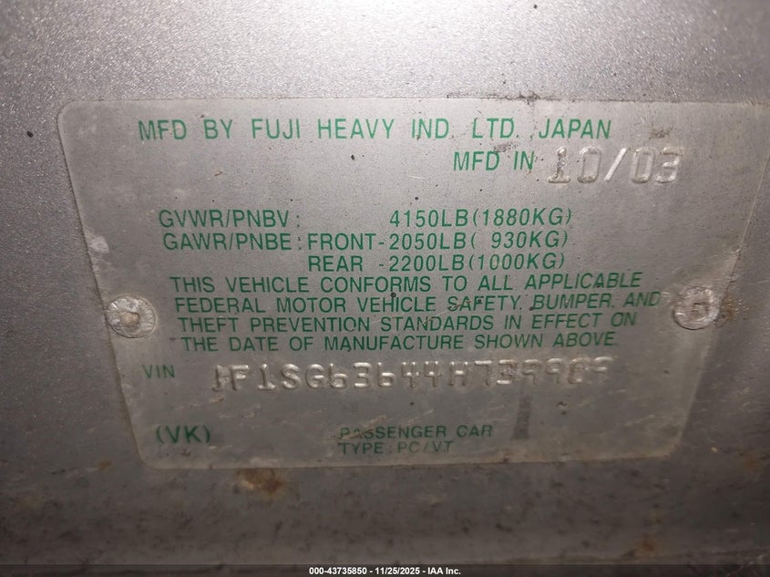 2004 Subaru Forester 2.5X VIN: JF1SG63644H739909 Lot: 43735850